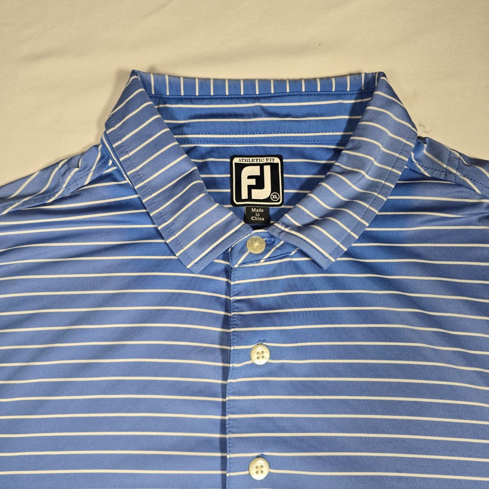 FootJoy Mens Athletic Fit Striped Golf Polo Shirt Blue White‎ XL FJ Logo